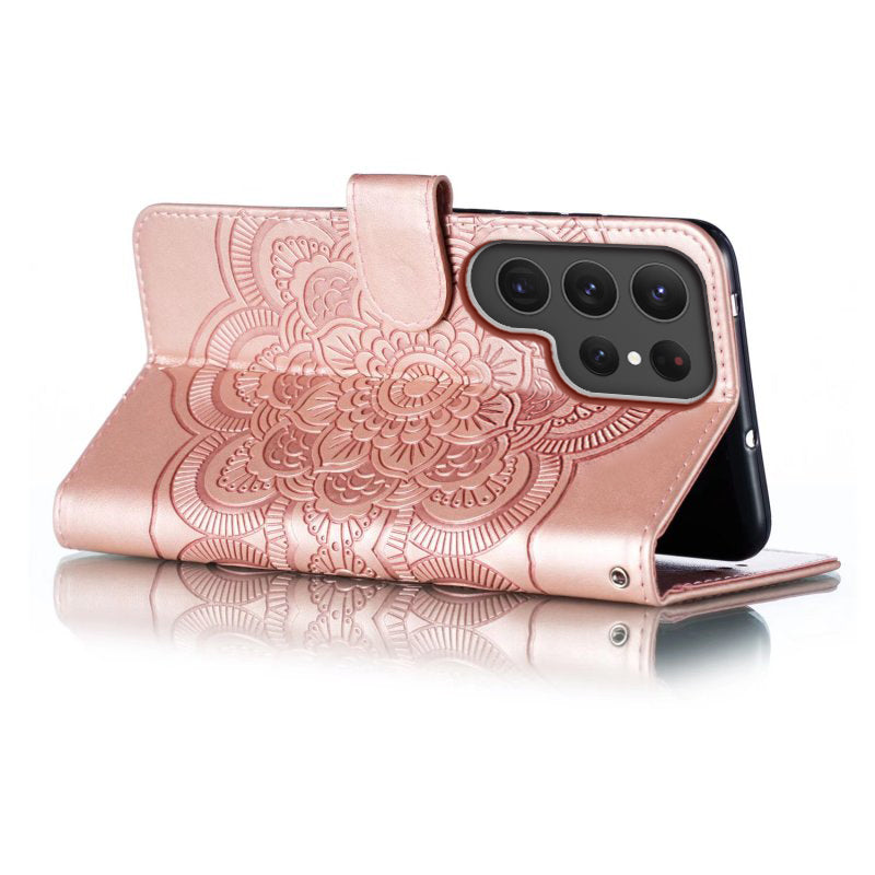 Phone Shell Case For Samsung Galaxy S23 Ultra , Imprinting Mandala Flower Flip PU Leather Stand Protective Cover - Rose Gold
