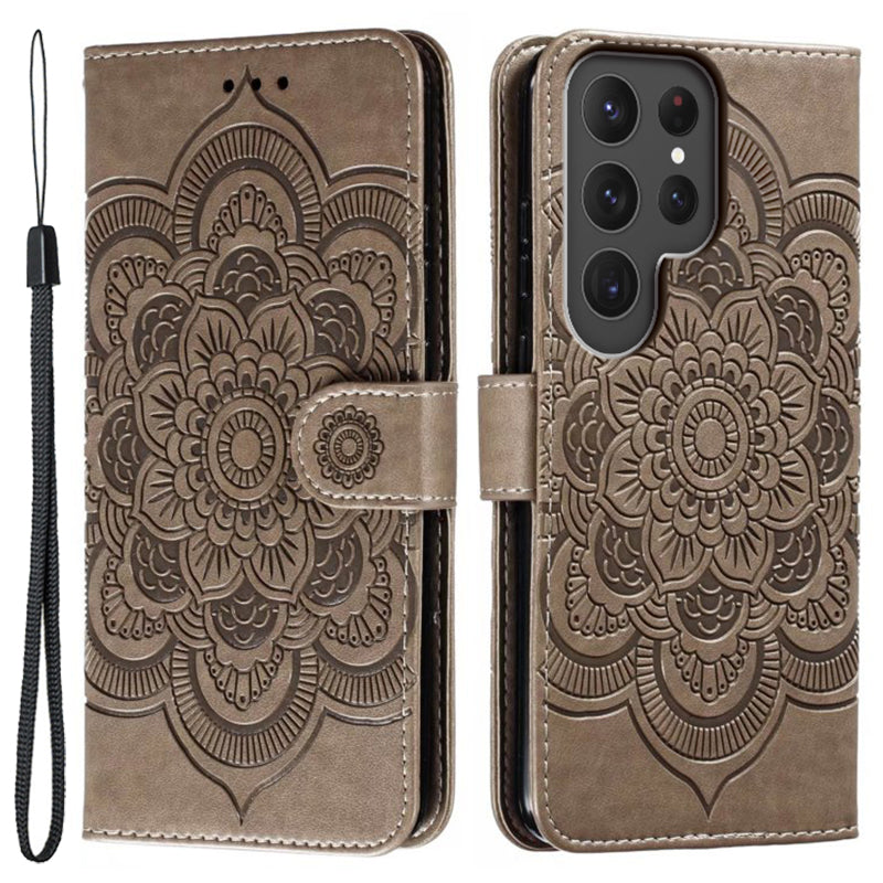Phone Shell Case For Samsung Galaxy S23 Ultra , Imprinting Mandala Flower Flip PU Leather Stand Protective Cover - Grey