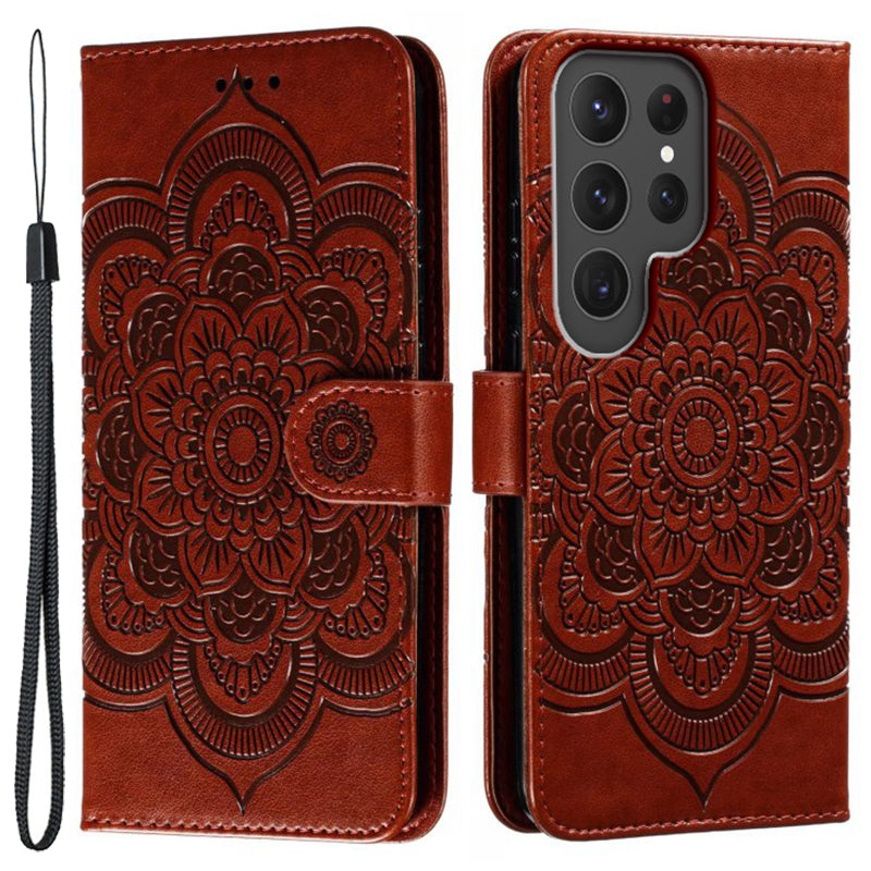 Phone Shell Case For Samsung Galaxy S23 Ultra , Imprinting Mandala Flower Flip PU Leather Stand Protective Cover - Brown