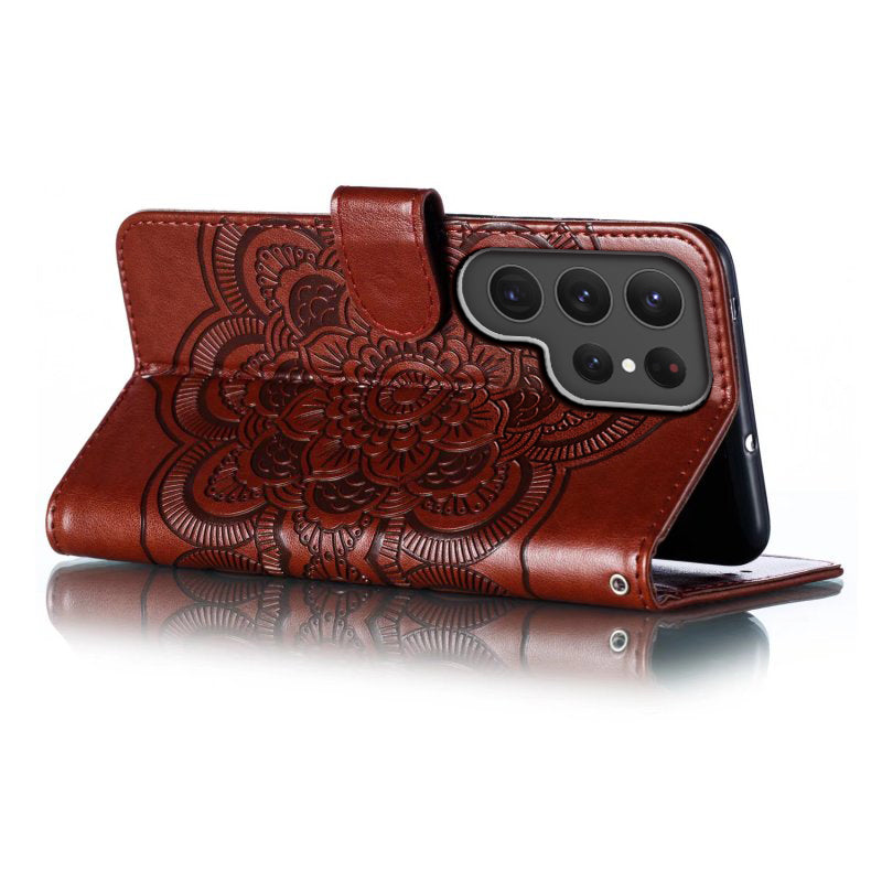 Phone Shell Case For Samsung Galaxy S23 Ultra , Imprinting Mandala Flower Flip PU Leather Stand Protective Cover - Brown