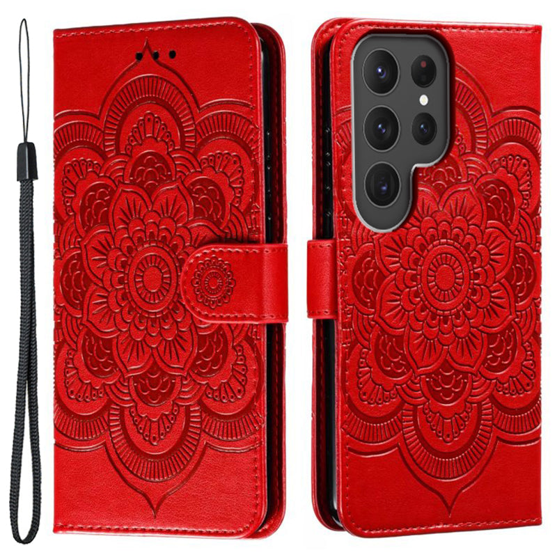 Phone Shell Case For Samsung Galaxy S23 Ultra , Imprinting Mandala Flower Flip PU Leather Stand Protective Cover - Red