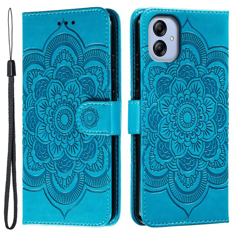 Uniqkart for Samsung Galaxy A04e 4G / M04 4G / F04 4G Stand Phone Case Imprinting Mandala Flower Flip PU Leather Magnetic Protective Cover - Blue