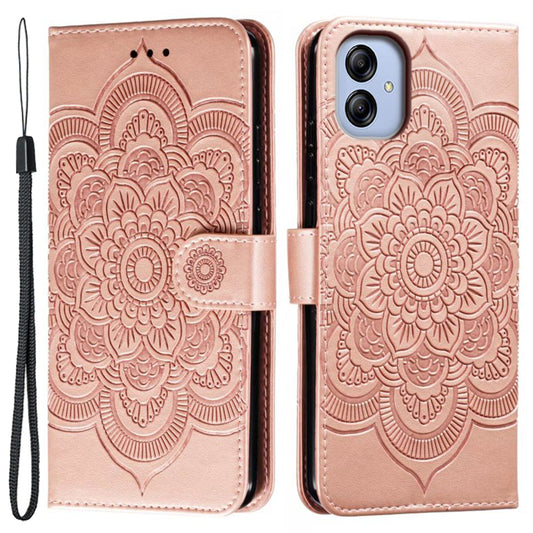 Uniqkart for Samsung Galaxy A04e 4G / M04 4G / F04 4G Stand Phone Case Imprinting Mandala Flower Flip PU Leather Magnetic Protective Cover - Rose Gold