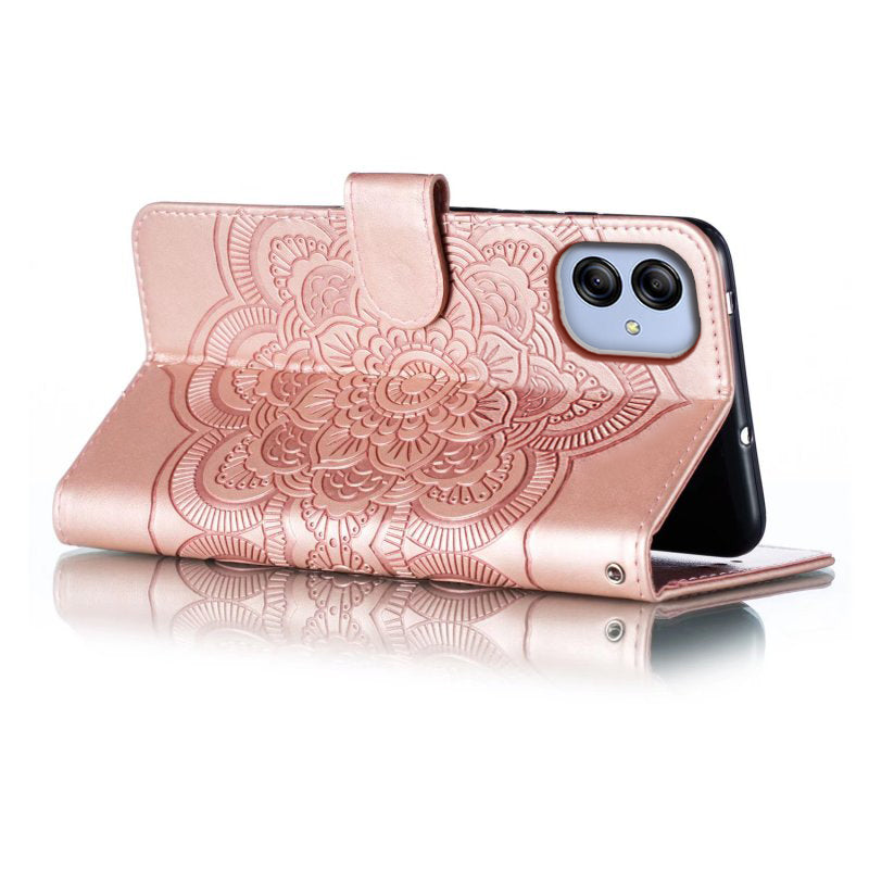 Uniqkart for Samsung Galaxy A04e 4G / M04 4G / F04 4G Stand Phone Case Imprinting Mandala Flower Flip PU Leather Magnetic Protective Cover - Rose Gold