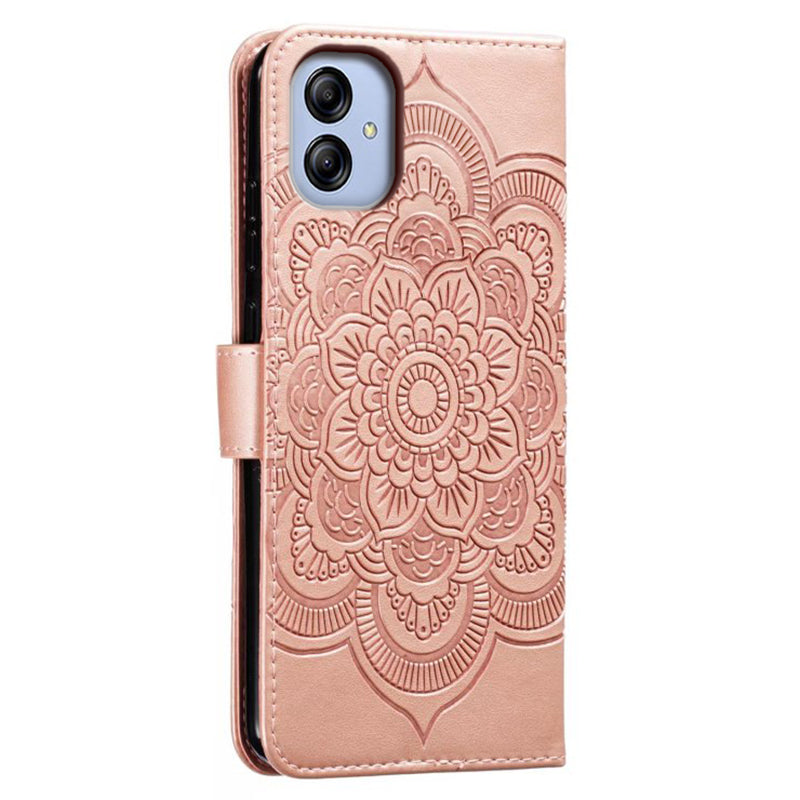 Uniqkart for Samsung Galaxy A04e 4G / M04 4G / F04 4G Stand Phone Case Imprinting Mandala Flower Flip PU Leather Magnetic Protective Cover - Rose Gold
