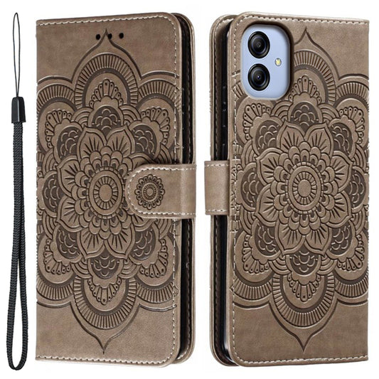 Uniqkart for Samsung Galaxy A04e 4G / M04 4G / F04 4G Stand Phone Case Imprinting Mandala Flower Flip PU Leather Magnetic Protective Cover - Grey