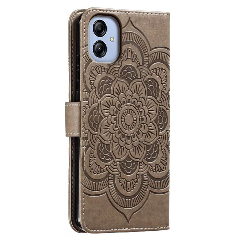 Uniqkart for Samsung Galaxy A04e 4G / M04 4G / F04 4G Stand Phone Case Imprinting Mandala Flower Flip PU Leather Magnetic Protective Cover - Grey