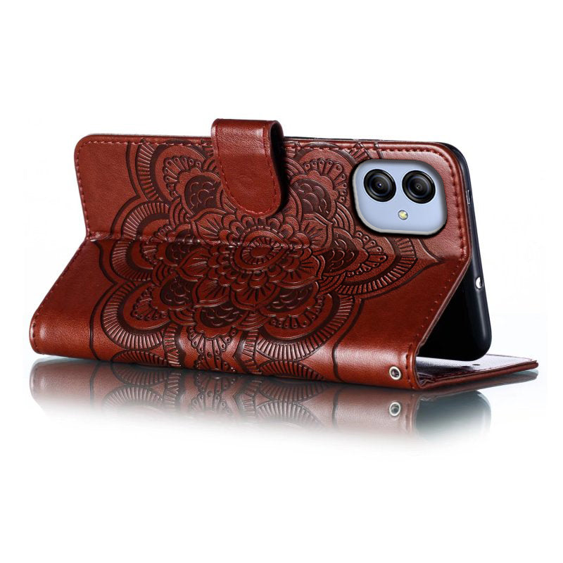 Uniqkart for Samsung Galaxy A04e 4G / M04 4G / F04 4G Stand Phone Case Imprinting Mandala Flower Flip PU Leather Magnetic Protective Cover - Brown
