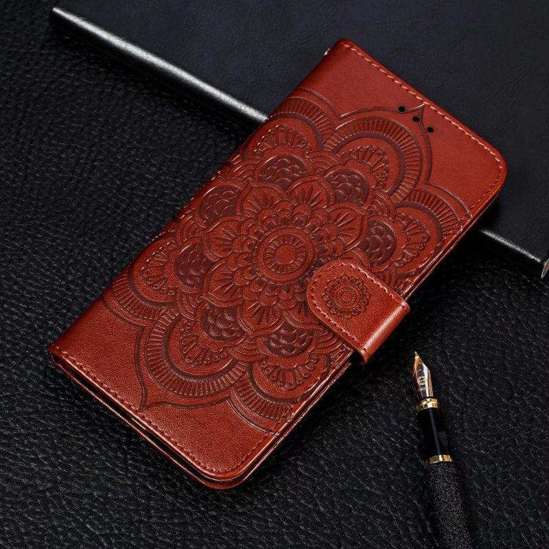 Uniqkart for Samsung Galaxy A04e 4G / M04 4G / F04 4G Stand Phone Case Imprinting Mandala Flower Flip PU Leather Magnetic Protective Cover - Brown