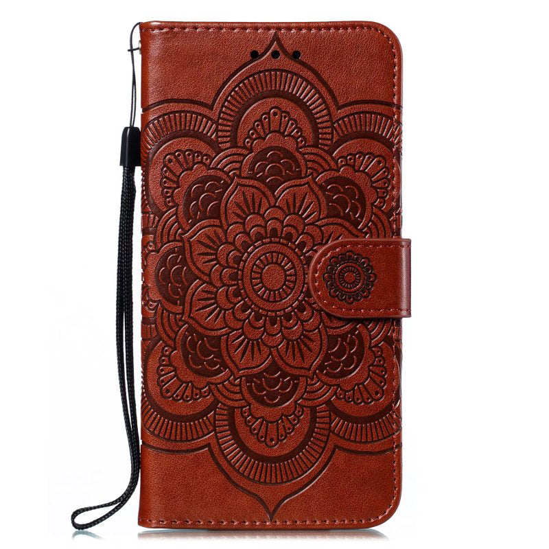 Uniqkart for Samsung Galaxy A04e 4G / M04 4G / F04 4G Stand Phone Case Imprinting Mandala Flower Flip PU Leather Magnetic Protective Cover - Brown
