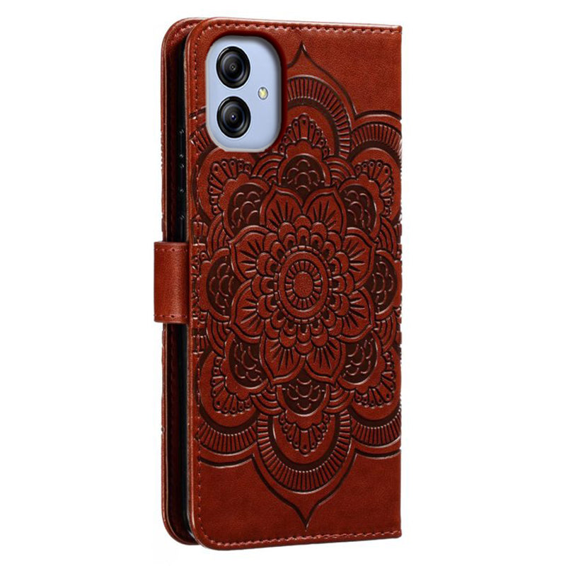Uniqkart for Samsung Galaxy A04e 4G / M04 4G / F04 4G Stand Phone Case Imprinting Mandala Flower Flip PU Leather Magnetic Protective Cover - Brown