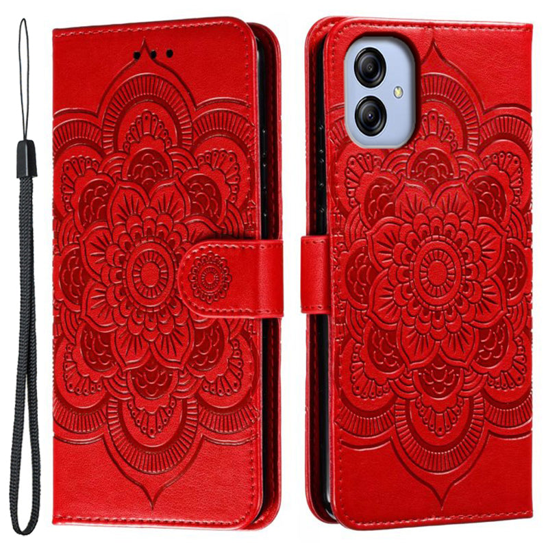 Uniqkart for Samsung Galaxy A04e 4G / M04 4G / F04 4G Stand Phone Case Imprinting Mandala Flower Flip PU Leather Magnetic Protective Cover - Red