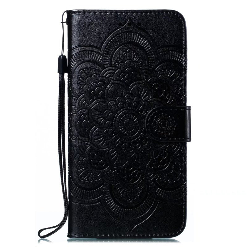 Uniqkart for Honor 80 5G Flip Phone Cover Imprinting Mandala Flower Anti-scratch PU Leather+TPU Stand Magnetic Case - Black
