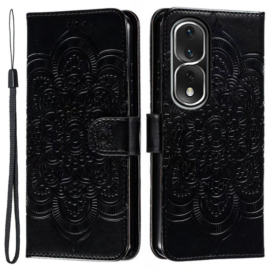 Uniqkart for Honor 80 Pro 5G PU Leather Wallet Stand Phone Cover Imprinting Mandala Flower Protective Case - Black