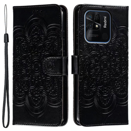 Uniqkart for Xiaomi Redmi 10C 4G PU Leather Wallet Stand Case Imprinting Mandala Flower Phone Cover - Black