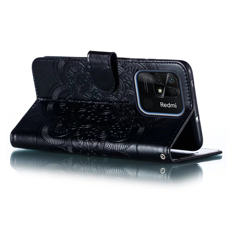 Uniqkart for Xiaomi Redmi 10C 4G PU Leather Wallet Stand Case Imprinting Mandala Flower Phone Cover - Black