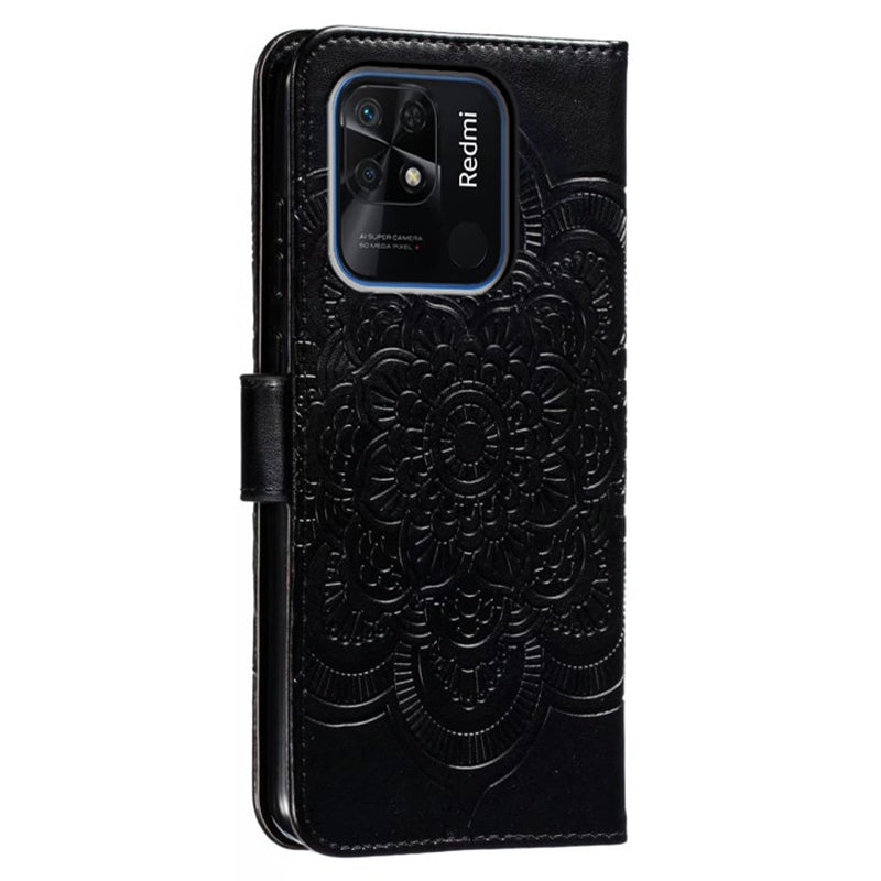 Uniqkart for Xiaomi Redmi 10C 4G PU Leather Wallet Stand Case Imprinting Mandala Flower Phone Cover - Black