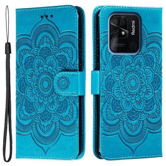 Uniqkart for Xiaomi Redmi 10C 4G PU Leather Wallet Stand Case Imprinting Mandala Flower Phone Cover - Blue