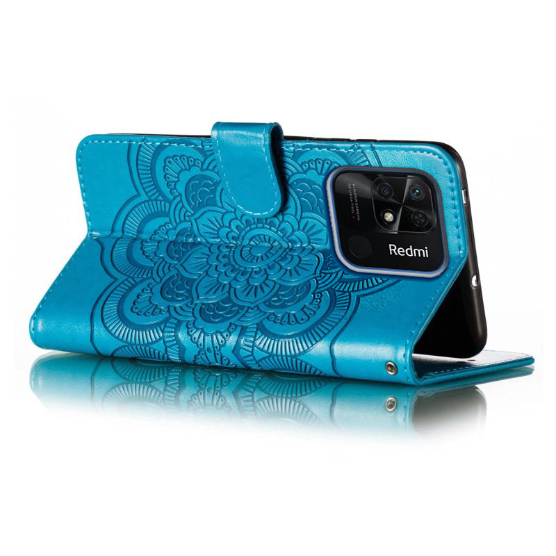 Uniqkart for Xiaomi Redmi 10C 4G PU Leather Wallet Stand Case Imprinting Mandala Flower Phone Cover - Blue