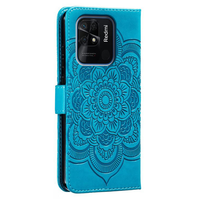 Uniqkart for Xiaomi Redmi 10C 4G PU Leather Wallet Stand Case Imprinting Mandala Flower Phone Cover - Blue