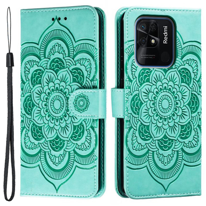 Uniqkart for Xiaomi Redmi 10C 4G PU Leather Wallet Stand Case Imprinting Mandala Flower Phone Cover - Green