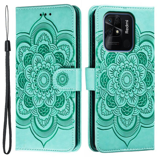 Uniqkart for Xiaomi Redmi 10C 4G PU Leather Wallet Stand Case Imprinting Mandala Flower Phone Cover - Green