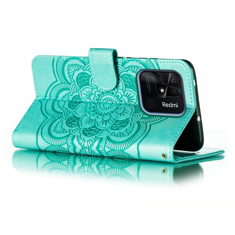 Uniqkart for Xiaomi Redmi 10C 4G PU Leather Wallet Stand Case Imprinting Mandala Flower Phone Cover - Green