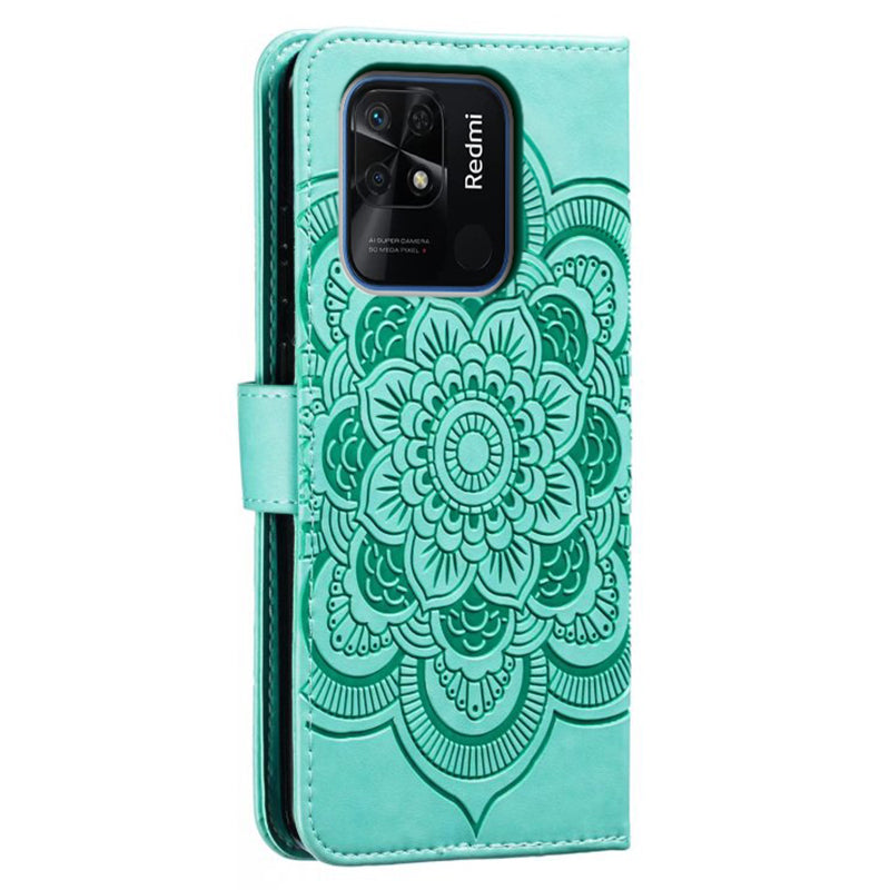 Uniqkart for Xiaomi Redmi 10C 4G PU Leather Wallet Stand Case Imprinting Mandala Flower Phone Cover - Green