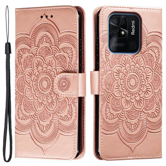 Uniqkart for Xiaomi Redmi 10C 4G PU Leather Wallet Stand Case Imprinting Mandala Flower Phone Cover - Rose Gold