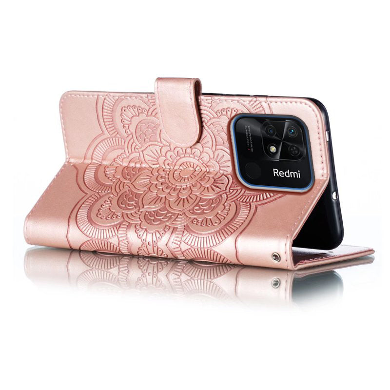 Uniqkart for Xiaomi Redmi 10C 4G PU Leather Wallet Stand Case Imprinting Mandala Flower Phone Cover - Rose Gold