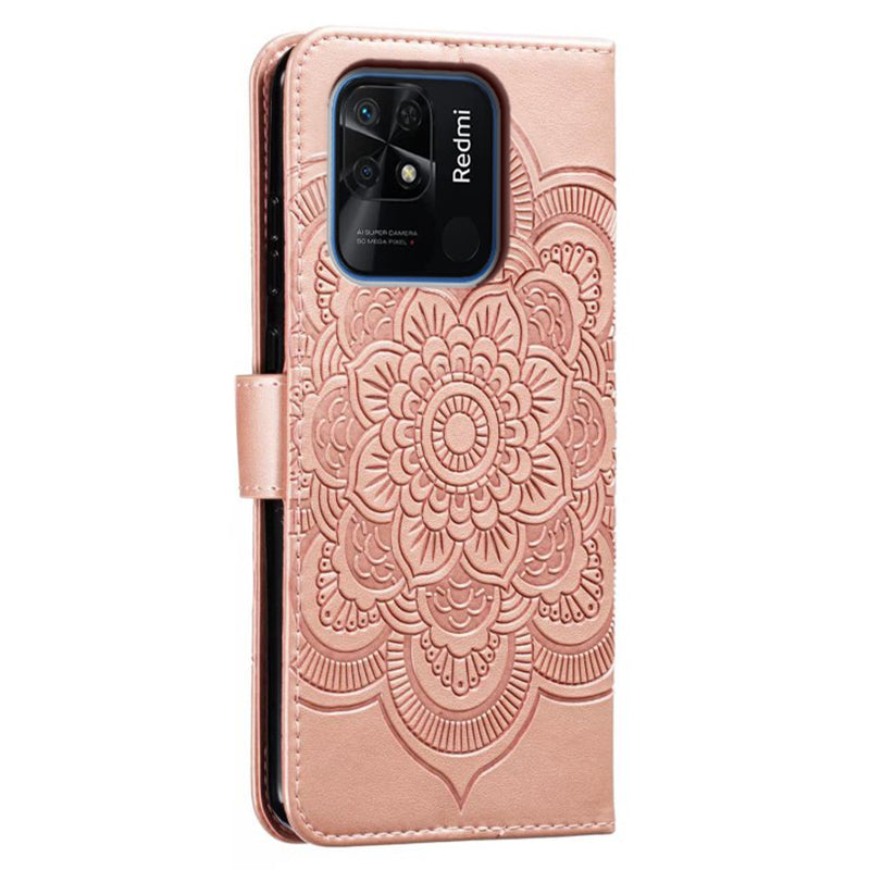 Uniqkart for Xiaomi Redmi 10C 4G PU Leather Wallet Stand Case Imprinting Mandala Flower Phone Cover - Rose Gold