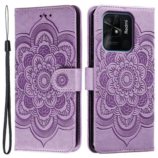 Uniqkart for Xiaomi Redmi 10C 4G PU Leather Wallet Stand Case Imprinting Mandala Flower Phone Cover - Purple