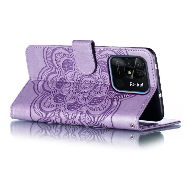 Uniqkart for Xiaomi Redmi 10C 4G PU Leather Wallet Stand Case Imprinting Mandala Flower Phone Cover - Purple