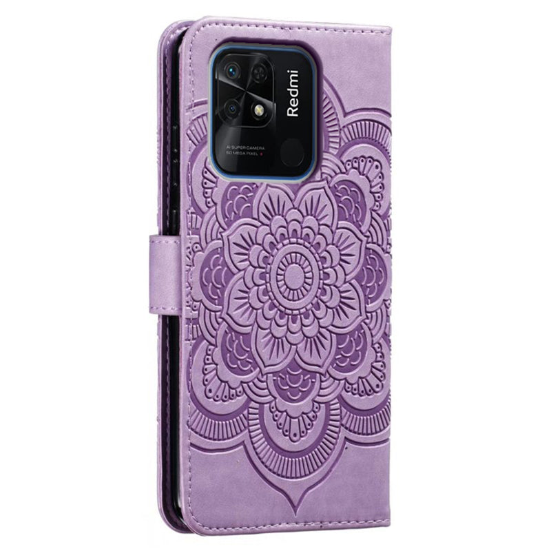 Uniqkart for Xiaomi Redmi 10C 4G PU Leather Wallet Stand Case Imprinting Mandala Flower Phone Cover - Purple