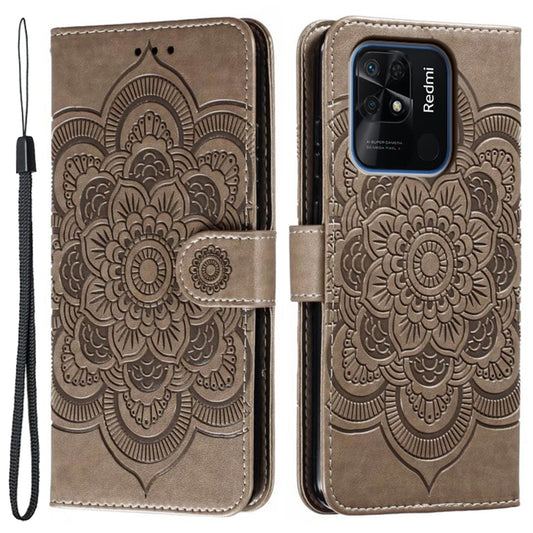 Uniqkart for Xiaomi Redmi 10C 4G PU Leather Wallet Stand Case Imprinting Mandala Flower Phone Cover - Grey