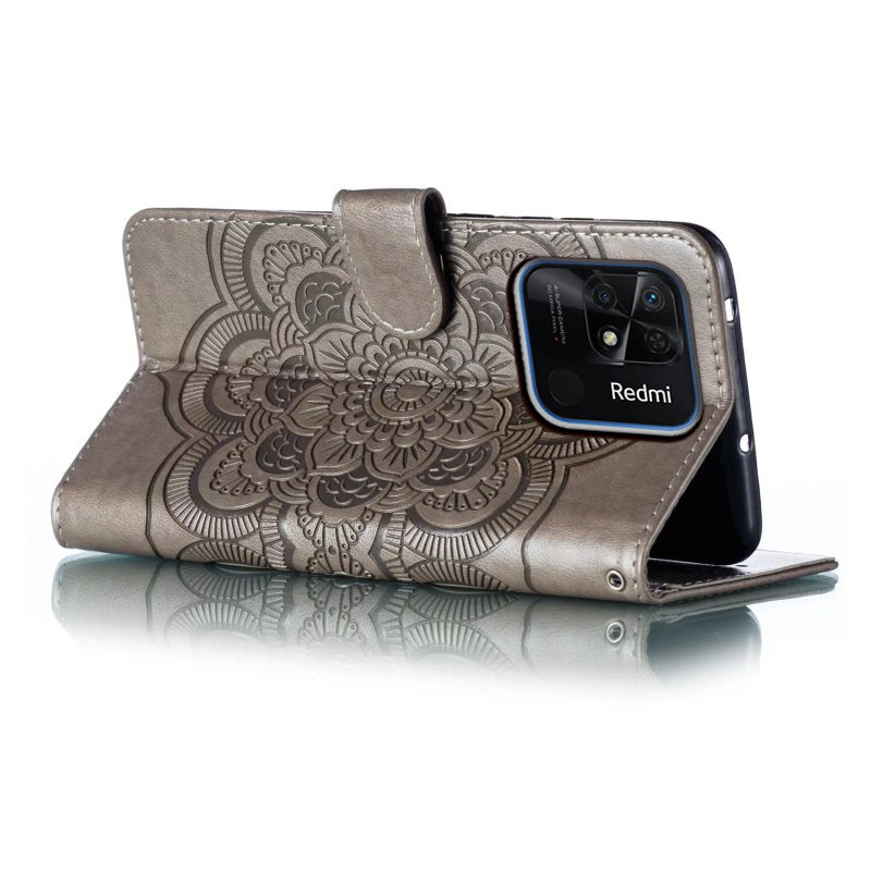 Uniqkart for Xiaomi Redmi 10C 4G PU Leather Wallet Stand Case Imprinting Mandala Flower Phone Cover - Grey
