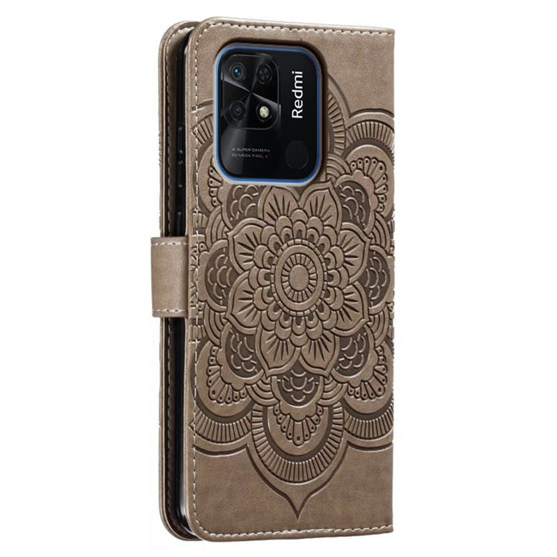 Uniqkart for Xiaomi Redmi 10C 4G PU Leather Wallet Stand Case Imprinting Mandala Flower Phone Cover - Grey