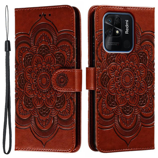 Uniqkart for Xiaomi Redmi 10C 4G PU Leather Wallet Stand Case Imprinting Mandala Flower Phone Cover - Brown