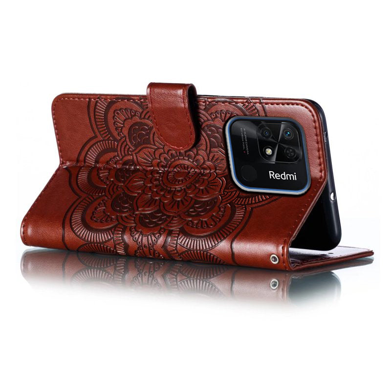 Uniqkart for Xiaomi Redmi 10C 4G PU Leather Wallet Stand Case Imprinting Mandala Flower Phone Cover - Brown