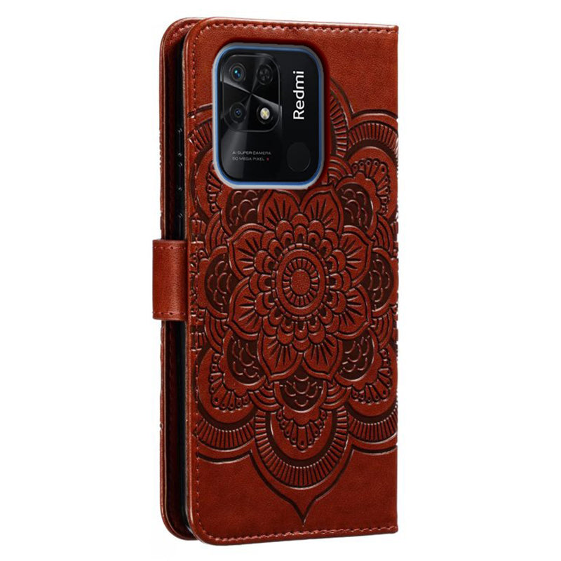Uniqkart for Xiaomi Redmi 10C 4G PU Leather Wallet Stand Case Imprinting Mandala Flower Phone Cover - Brown