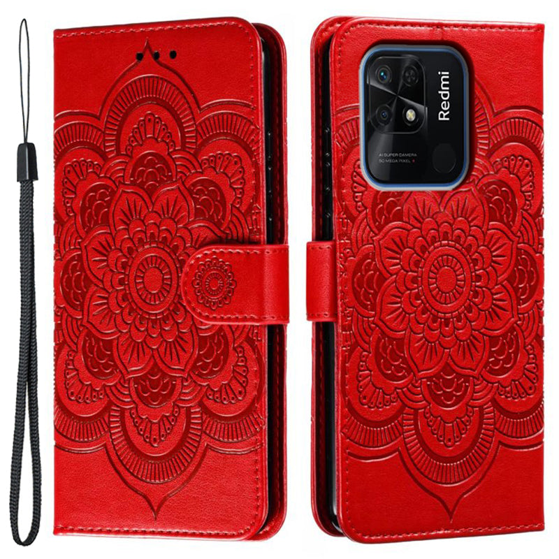 Uniqkart for Xiaomi Redmi 10C 4G PU Leather Wallet Stand Case Imprinting Mandala Flower Phone Cover - Red