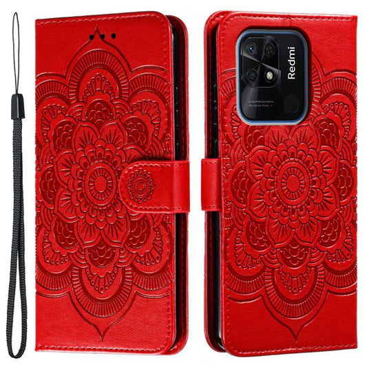 Uniqkart for Xiaomi Redmi 10C 4G PU Leather Wallet Stand Case Imprinting Mandala Flower Phone Cover - Red