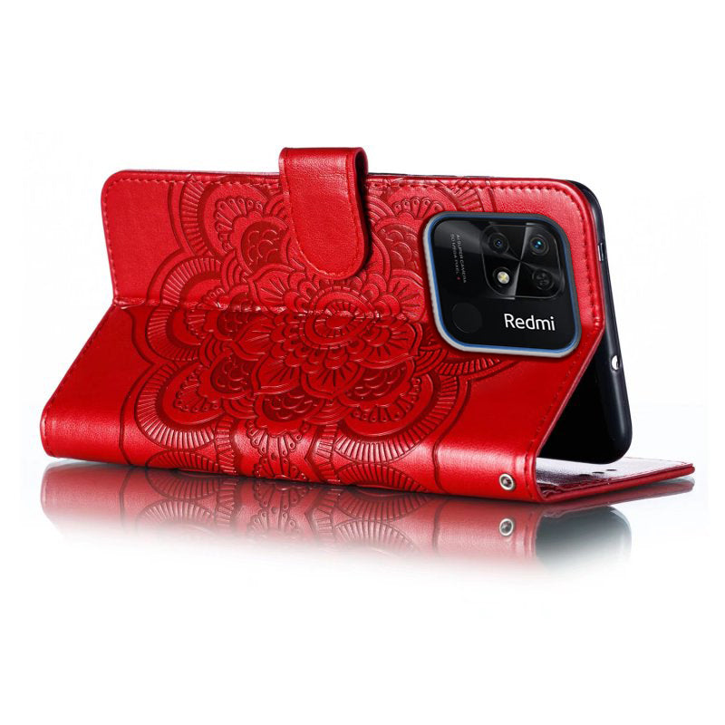 Uniqkart for Xiaomi Redmi 10C 4G PU Leather Wallet Stand Case Imprinting Mandala Flower Phone Cover - Red
