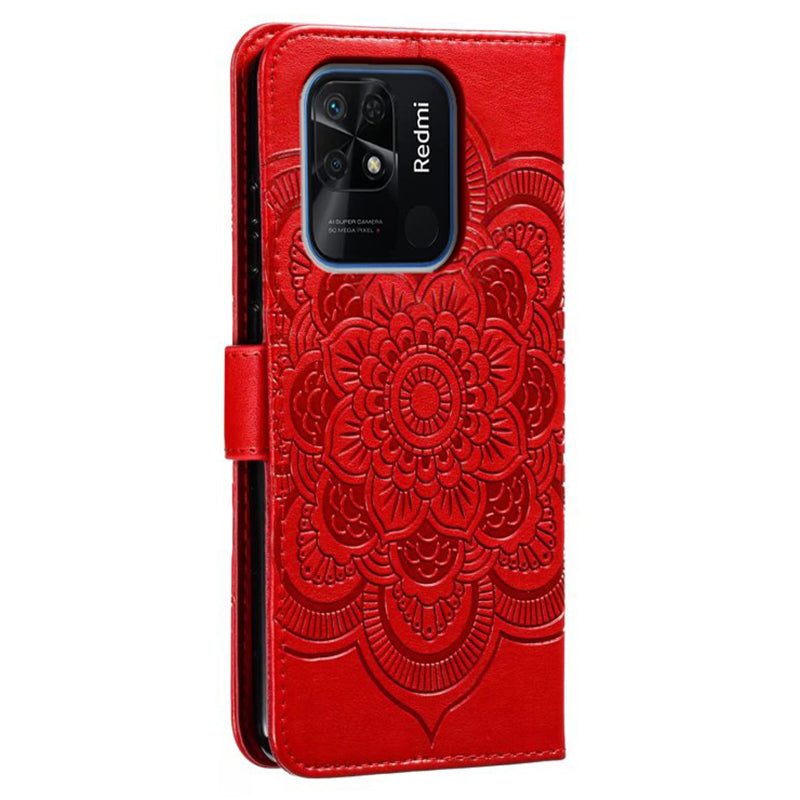 Uniqkart for Xiaomi Redmi 10C 4G PU Leather Wallet Stand Case Imprinting Mandala Flower Phone Cover - Red
