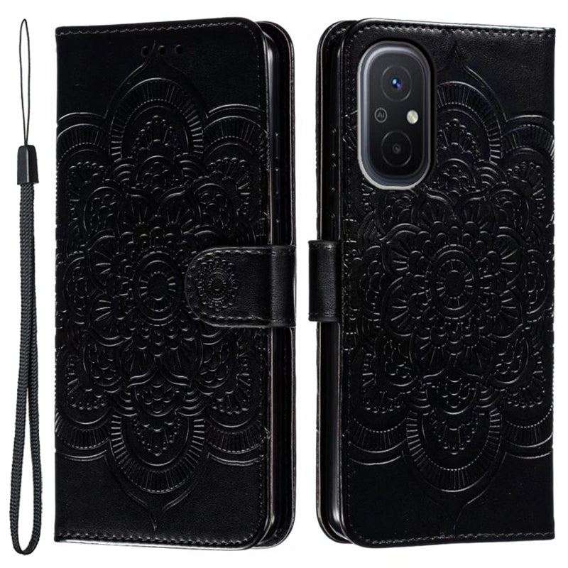 Uniqkart for Xiaomi Redmi 12C 4G Leather Wallet Phone Cover Mandala Imprinted Drop-proof Stand Case - Black