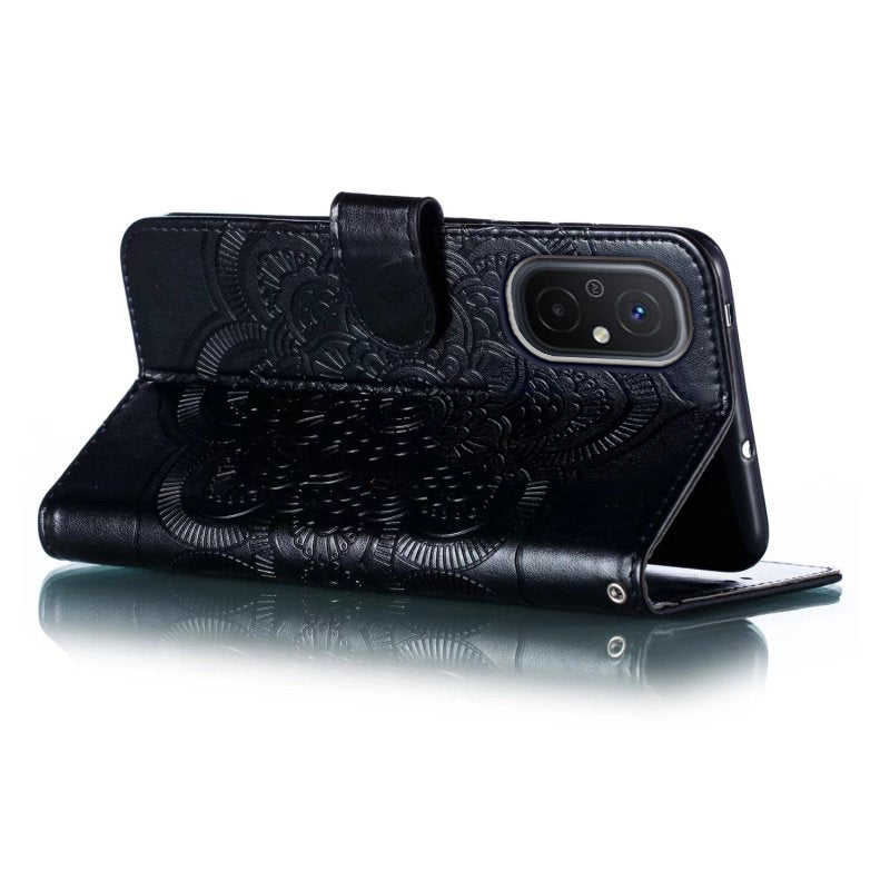 Uniqkart for Xiaomi Redmi 12C 4G Leather Wallet Phone Cover Mandala Imprinted Drop-proof Stand Case - Black