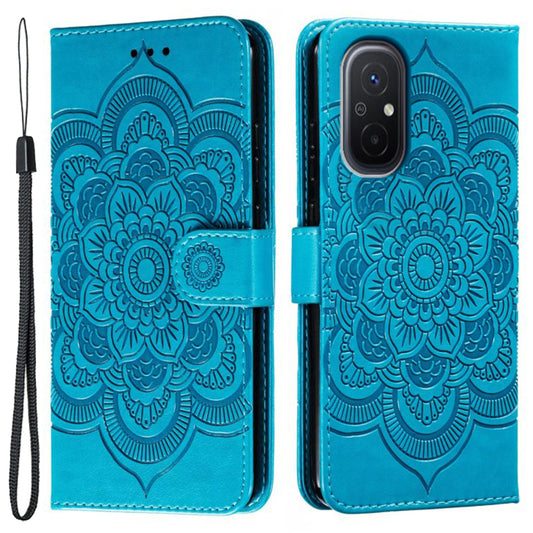 Uniqkart for Xiaomi Redmi 12C 4G Leather Wallet Phone Cover Mandala Imprinted Drop-proof Stand Case - Blue