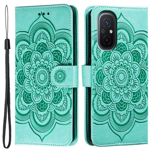 Uniqkart for Xiaomi Redmi 12C 4G Leather Wallet Phone Cover Mandala Imprinted Drop-proof Stand Case - Green