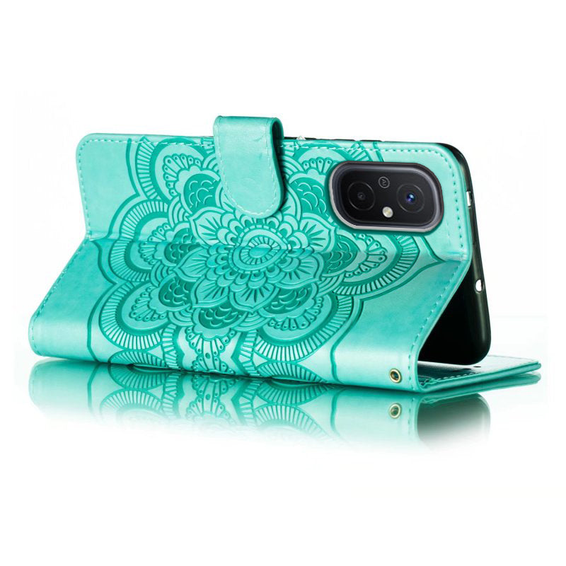 Uniqkart for Xiaomi Redmi 12C 4G Leather Wallet Phone Cover Mandala Imprinted Drop-proof Stand Case - Green