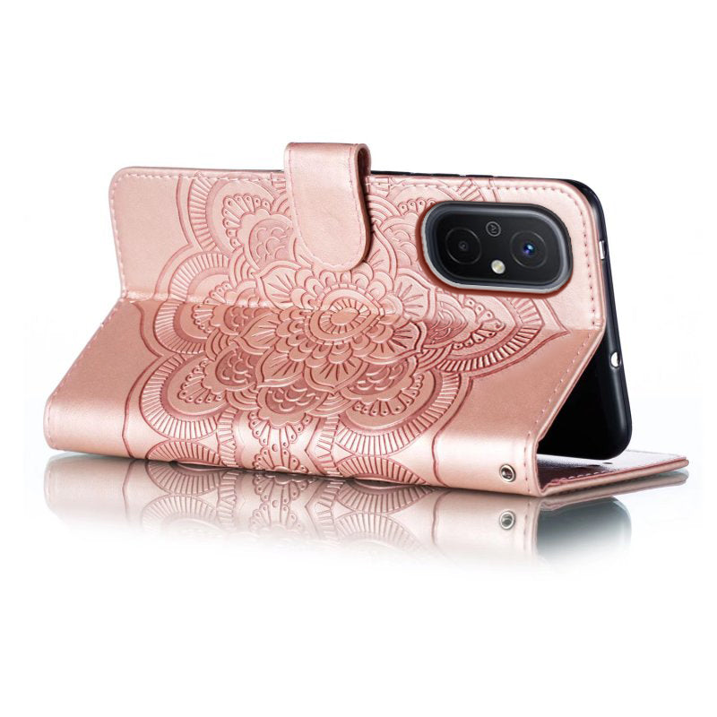Uniqkart for Xiaomi Redmi 12C 4G Leather Wallet Phone Cover Mandala Imprinted Drop-proof Stand Case - Rose Gold
